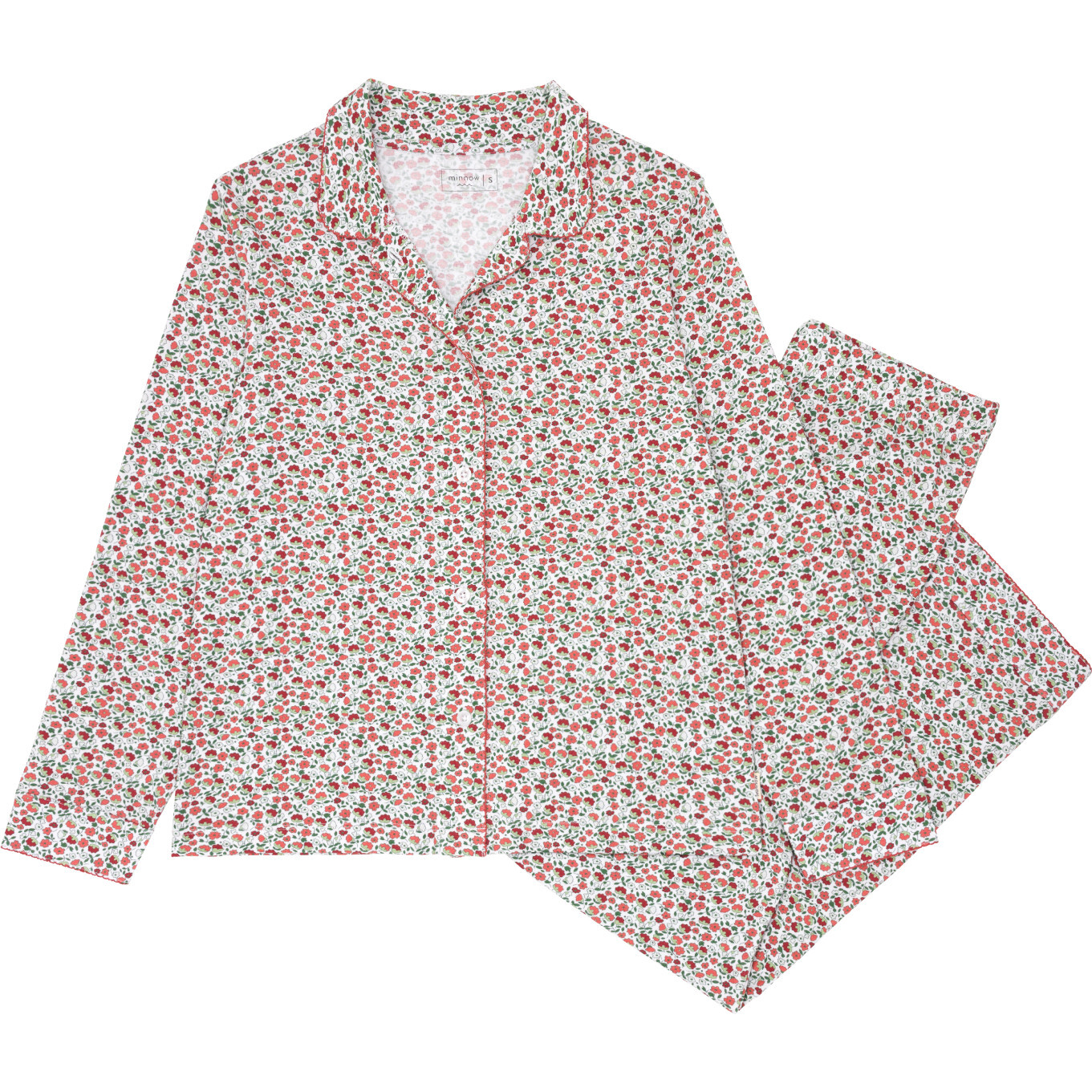 Women's Rosebud Print Classic Collar Long Sleeve Top And Pants Pajamas Set, Red - Pajamas - 1
