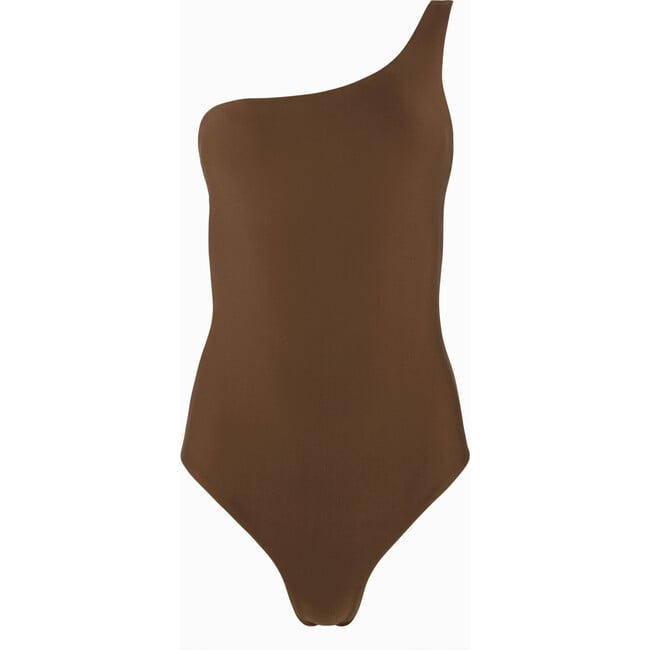 Women's Reversible One-Shoulder Compression Fit One-Piece, Cream & Dark Brown - One Pieces - 2