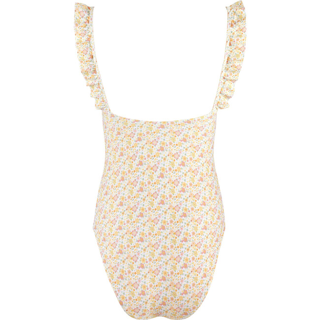 Women's Marigold Floral Print Ruffle Strap Square Neck Low Back One-Piece, Yellow - One Pieces - 7