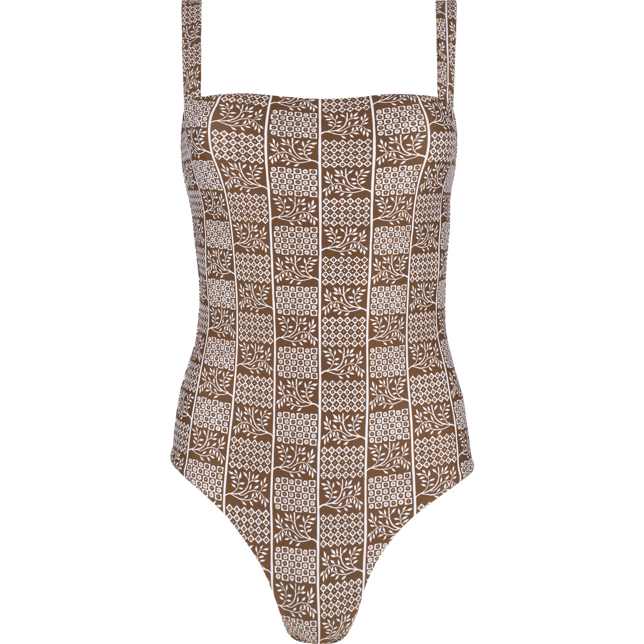 Women's Checker Tree Print Low Back Compression Fit One-Piece, Brown - One Pieces - 1