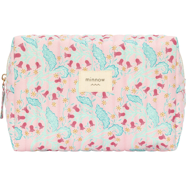 Women's Bluebells Print Cotton Quilted Zipper Travel Pouch, Pink