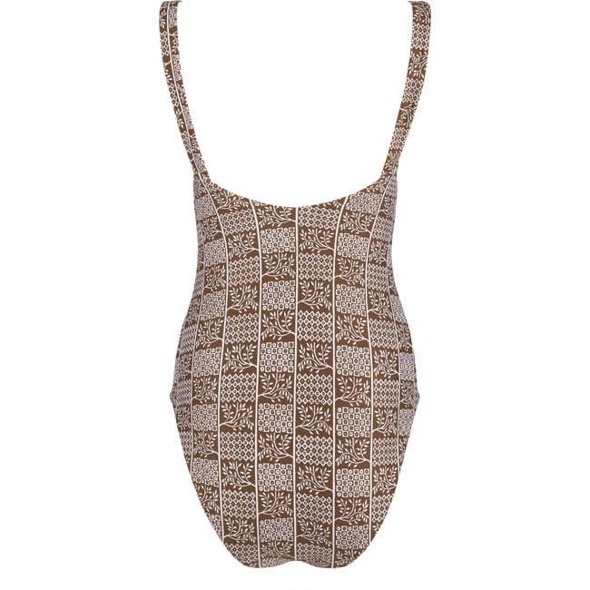 Women's Checker Tree Print Low Back Compression Fit One-Piece, Brown - One Pieces - 6