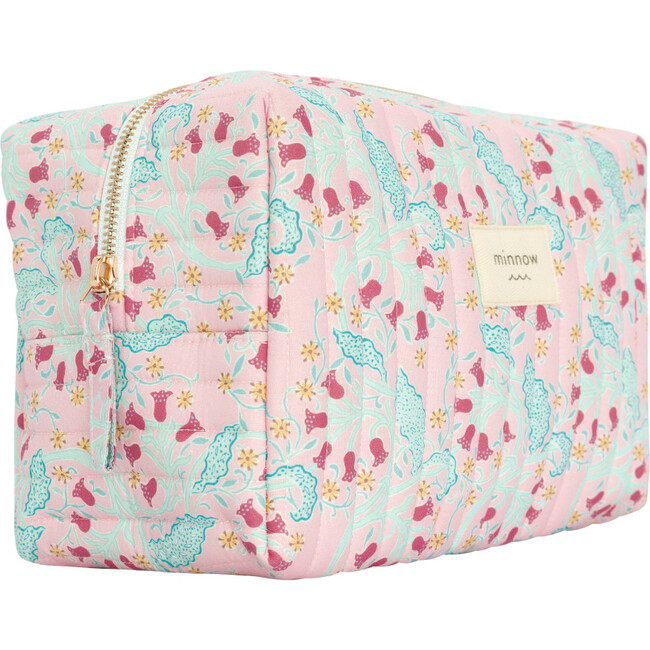 Women's Bluebells Print Cotton Quilted Zipper Travel Pouch, Pink - Bags - 4