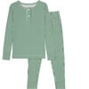 Striped Pima Henley Long Sleeve Top And Pants Pajamas Set, Hunter Green - Pajamas - 1 - thumbnail