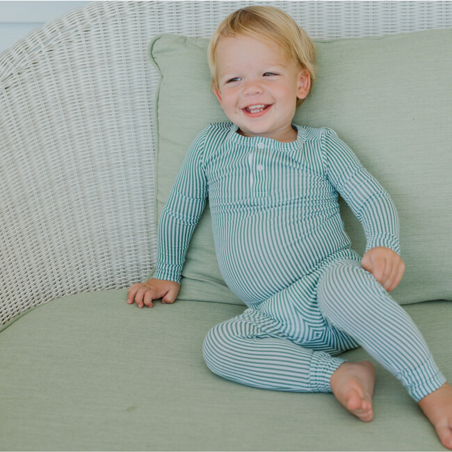 Striped Pima Henley Long Sleeve Top And Pants Pajamas Set, Hunter Green - Pajamas - 2