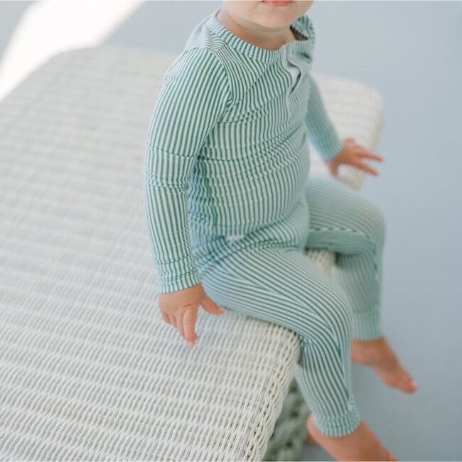 Striped Pima Henley Long Sleeve Top And Pants Pajamas Set, Hunter Green - Pajamas - 3