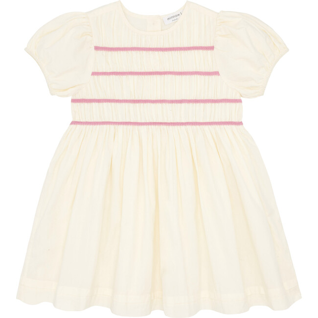 Smocked Round Neck Short Puff Sleeve Back Button-Up Dress, Cream