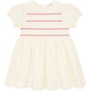 Smocked Round Neck Short Puff Sleeve Back Button-Up Dress, Cream - Dresses - 1 - thumbnail