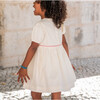 Smocked Round Neck Short Puff Sleeve Back Button-Up Dress, Cream - Dresses - 3