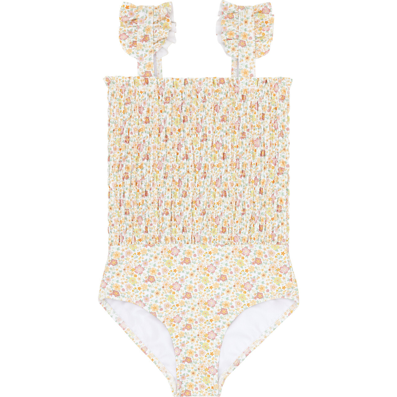 【THE MOZZ】Mone Flower String One Piece Marigold Floral Print Smocked Ruffle Strap Square Neck One