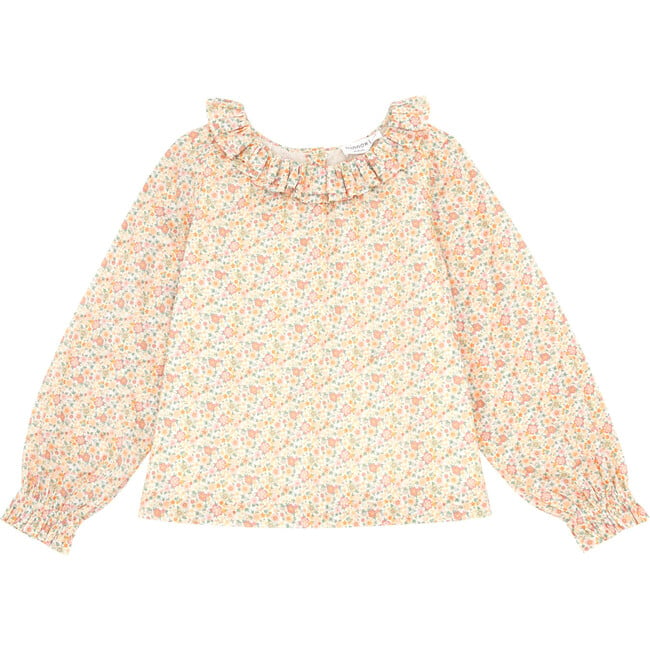 Marigold Floral Print Ruffle Collar Long Sleeve Blouse, Yellow