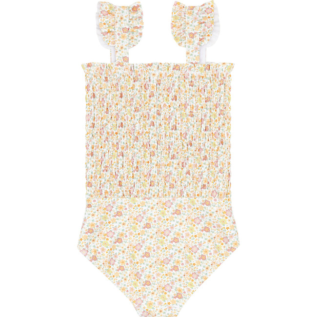 Marigold Floral Print Smocked Ruffle Strap Square Neck One-Piece, Yellow - One Pieces - 5