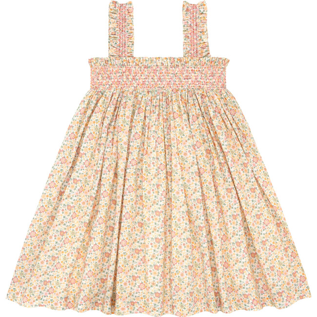 Marigold Floral Print Smocked Square Neck Ruffle Strap Dress, Yellow - Dresses - 6