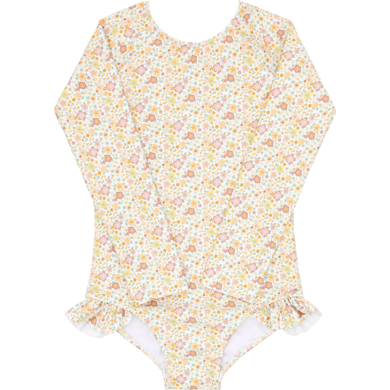 Marigold Floral Print Long Sleeve Ribbon Back Tie Rashguard One-Piece, Yellow - One Pieces - 1