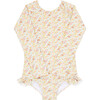 Marigold Floral Print Long Sleeve Ribbon Back Tie Rashguard One-Piece, Yellow - One Pieces - 1 - thumbnail