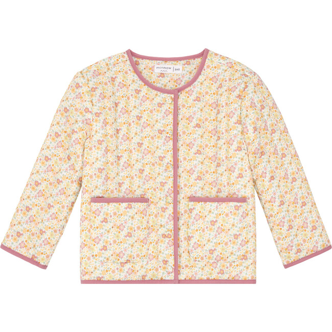 Marigold Floral Print Quilted Snap Closure Patch Pocket Jacket, Pink