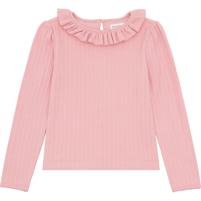 Girls Pointelle Ruffle Collar Long Sleeve Blouse, Misty Rose