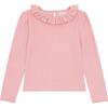 Girls Pointelle Ruffle Collar Long Sleeve Blouse, Misty Rose - Blouses - 1 - thumbnail