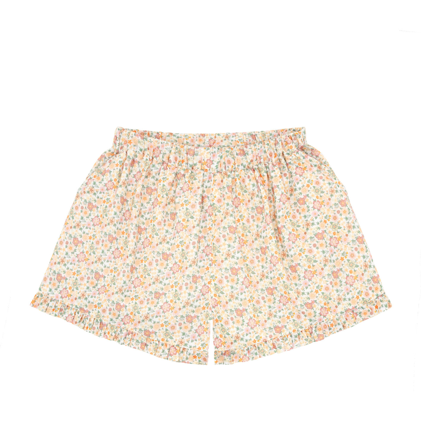 Girls Marigold Floral Print Ruffle Bottom Elastic Waistband Shorts, Yellow - Shorts - 1