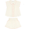 Girls Pintuck Ruffle Collar Short Sleeve Top And Pull-On Short Set, Cream - Mixed Apparel Set - 1 - thumbnail