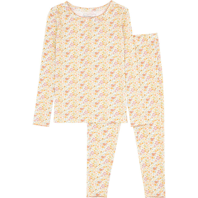 Girls Marigold Floral Print Pima Long Sleeve Top And Pants Pajamas Set, Yellow