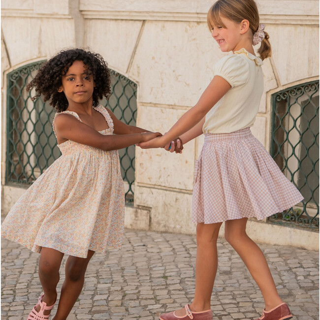 Girls Pointelle Ruffle Collar Short Puff Sleeve Blouse, Cream - Blouses - 6