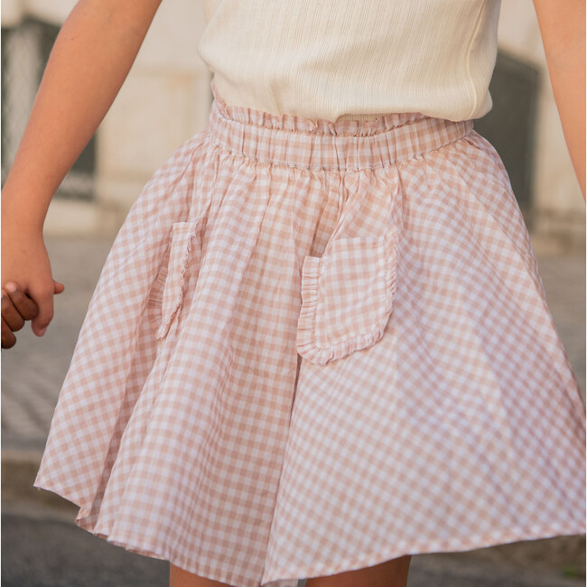 Gingham Print Elastic Paperbag Waistband Pocket Pull-On Skirt, Brown - Skirts - 2