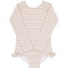 Crinkle Gingham Print Long Sleeve Ribbon Back Tie Rashguard One-Piece, Brown - One Pieces - 1 - thumbnail