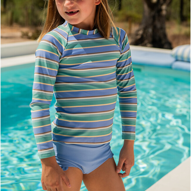 Costa Striped Long Sleeve UPF 50+ Rashguard And Bikini Bottom Set, Blue - Two Pieces - 2