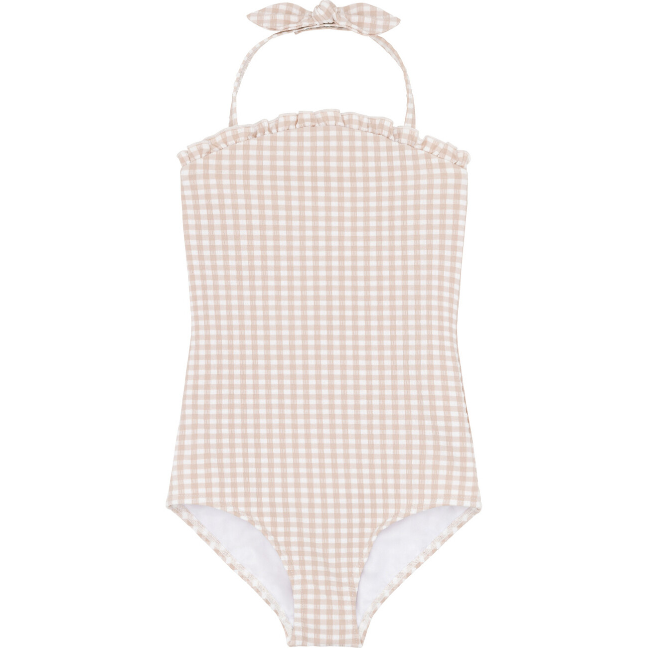 Crinkle Gingham Print Lined Adjustable Halter Tie One-Piece