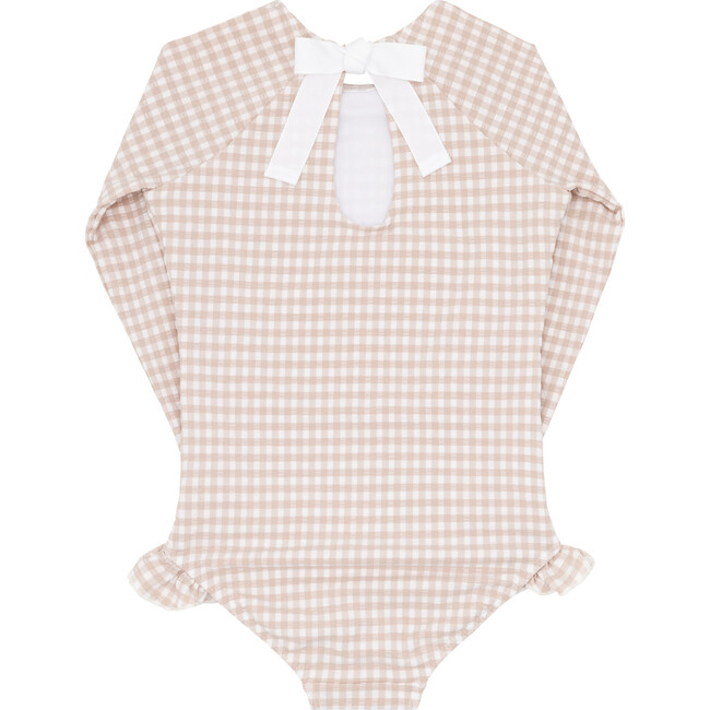 Crinkle Gingham Print Long Sleeve Ribbon Back Tie Rashguard One-Piece, Brown - One Pieces - 5