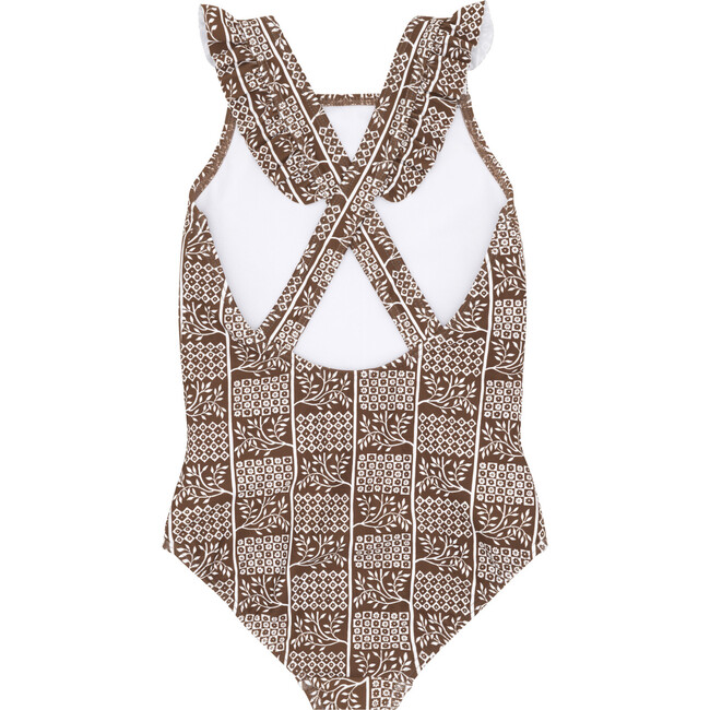 Checker Tree Print Lined Ruffle Straps Crossover Back One-Piece, Brown - One Pieces - 4