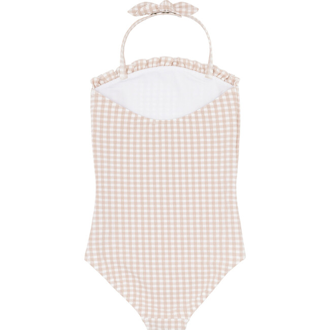 Crinkle Gingham Print Lined Adjustable Halter Tie One-Piece, Brown - One Pieces - 6