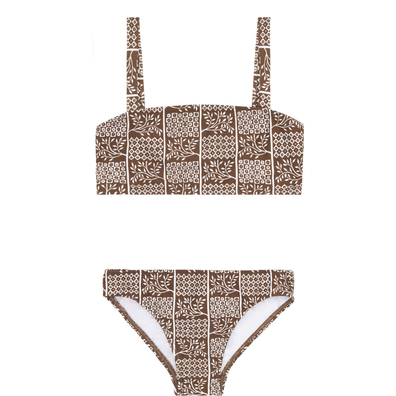 Checker Tree Print Bandeau Top And Matching Bottom Bikini, Brown - Two Pieces - 1