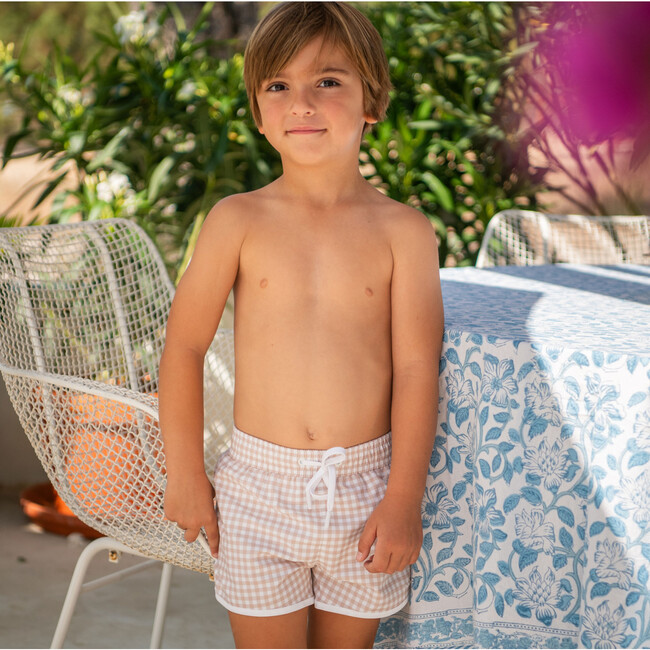 Boys Gingham Print Elastic Waistband Drawstring Pocket Boardie, Brown - Swim Trunks - 2