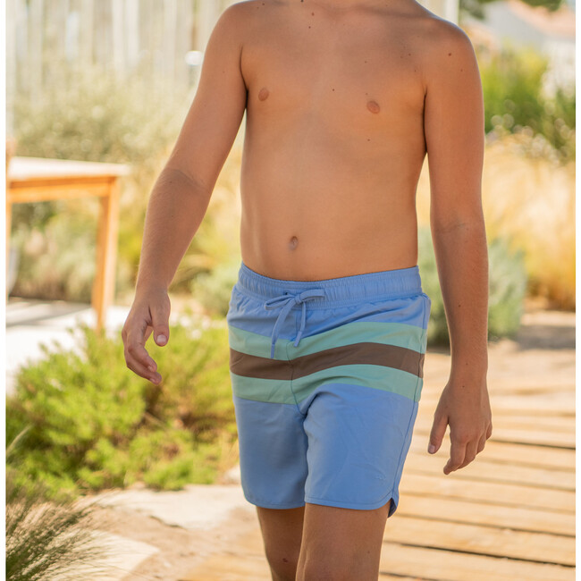 Boys Triple Colorblock Elastic Waistband Drawstring Pocket Boardie, Lagoon Blue - Swim Trunks - 4