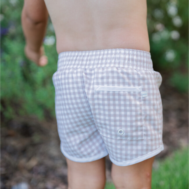 Boys Gingham Print Elastic Waistband Drawstring Pocket Boardie, Brown - Swim Trunks - 3