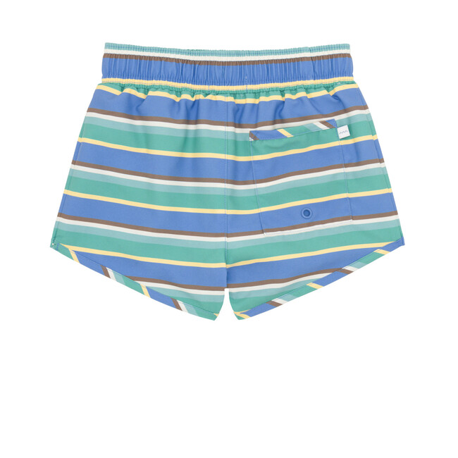 Boys Costa Striped Elastic Waistband Drawstring Pocket Boardie, Blue - Swim Trunks - 7