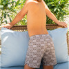 Boys Checker Tree Print Elastic Waistband Drawstring Pocket Boardie, Brown - Swim Trunks - 4