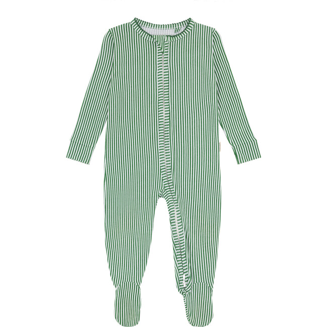 Babys Striped Pima Long Sleeve Snug Fit Front Zipper Footie, Hunter Green - Footie Pajamas - 1