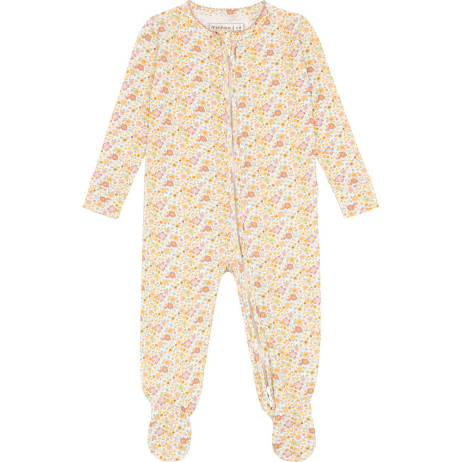 Babys Marigold Floral Print Pima Long Sleeve Snug Fit Front Zipper Footie, Yellow - Footie Pajamas - 1