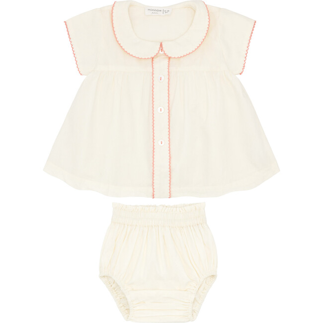 Baby Girls Pintuck Ruffle Collar Short Sleeve Top And Bloomer Set, Cream