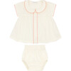 Baby Girls Pintuck Ruffle Collar Short Sleeve Top And Bloomer Set, Cream - Mixed Apparel Set - 1 - thumbnail