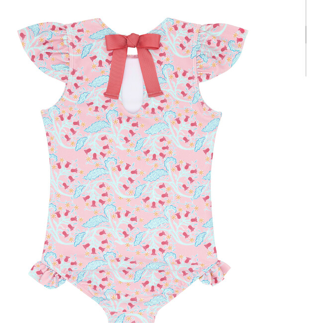 Bluebells Print Ruffle Cup Sleeve Ribbon Tie Rashguard One-Piece, Pink - One Pieces - 5
