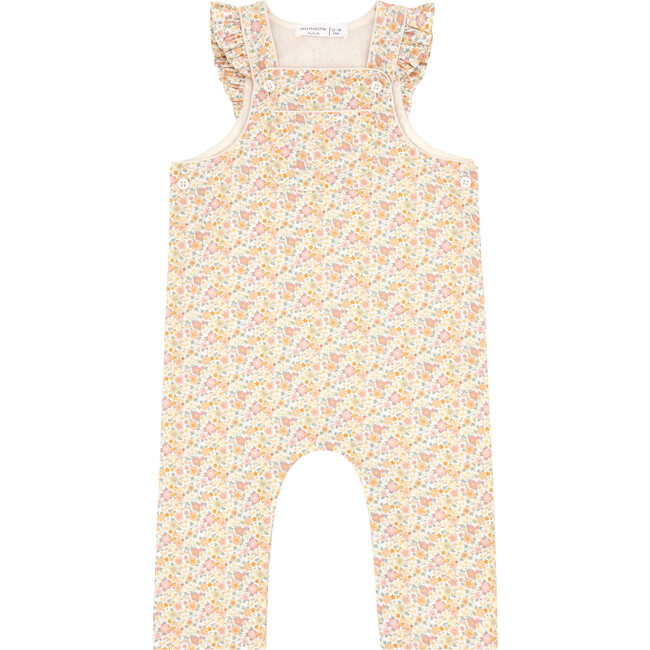 Baby Girls Marigold Floral Print Adjustable Straps Elastic Back Snap Overalls, Yellow