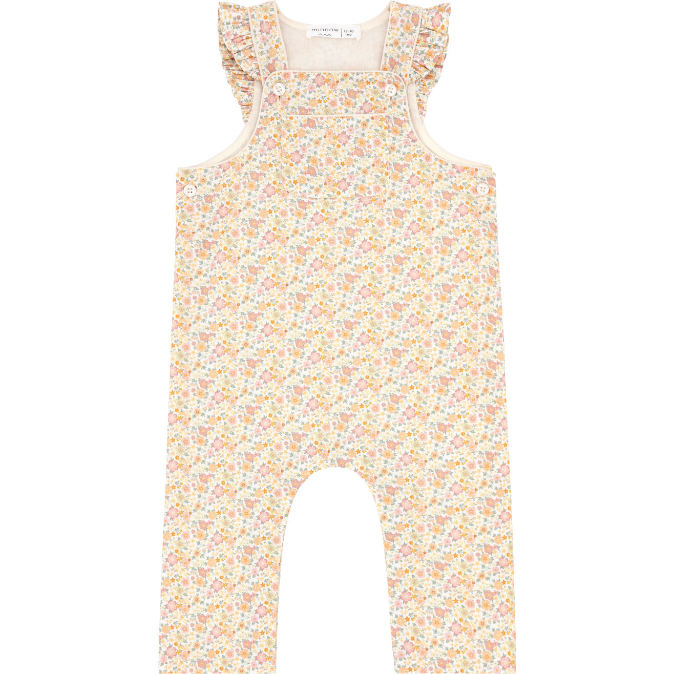 Baby Girls Marigold Floral Print Adjustable Straps Elastic Back Snap Overalls, Yellow - Overalls - 1
