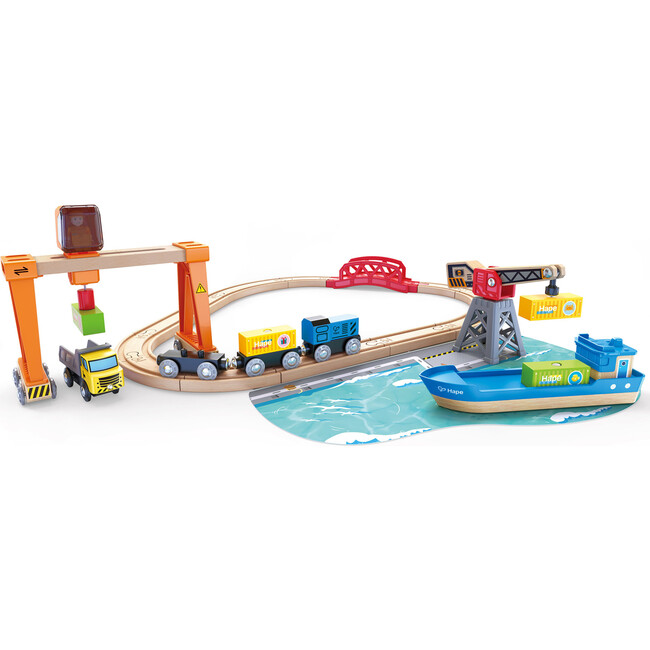 Hape: Lift & Load Harbor Set - 25 pc Land & Water Wooden Train Toy Playset