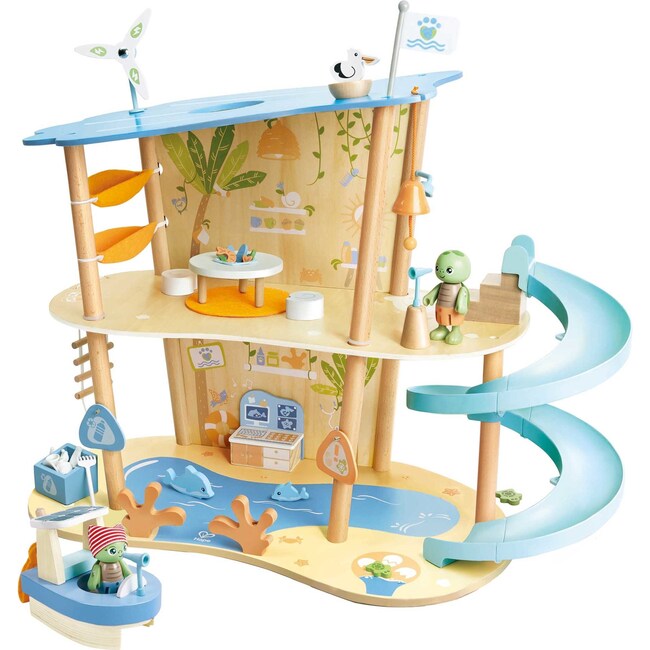 Hape: Ocean Rescue Playset - 47pc Wooden 2 Level Doll House w/ Slide