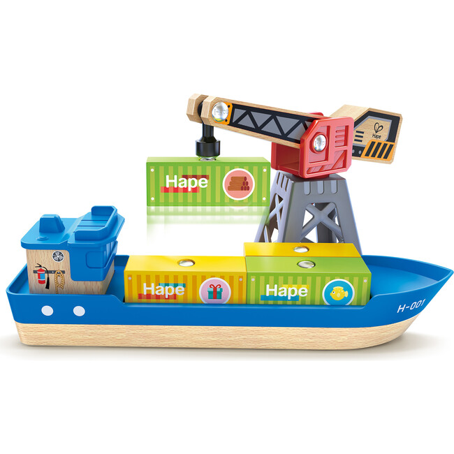 Hape: Cargo Ship & Crane - 6 pc Train Playset