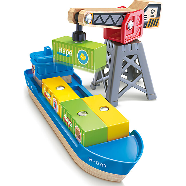 Hape: Cargo Ship & Crane - 6 pc Train Playset - Woodens - 3